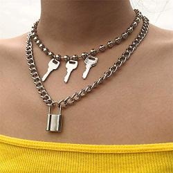 Ingemark Punk Gothic Rivet Choker Key Lock Pin Pendant Necklace Unisex Steampunk Layered Curb Rope Link Chain Choker Necklace