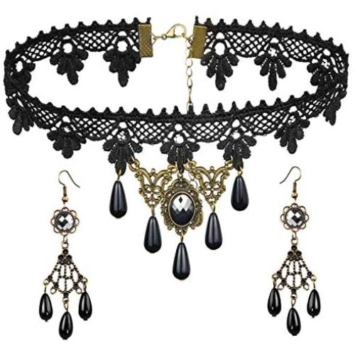 Black Lace Necklace Earrings Set - Gothic Lolita Pendant Choker Clothing Accessories for Wedding Birthday Hallowen Christmas Black Lace Necklace Earrings Set - Gothic Lolita Pendant Choker Clothing Accessories for Wedding Birthday Hallowen Christmas