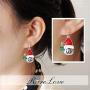RareLove Cute Cat with Red Xmas Hat Green Bell Ring Pierced Dangle Christmas Earrings CZ Crystal Silver Plated Alloy Holiday For Women Girls