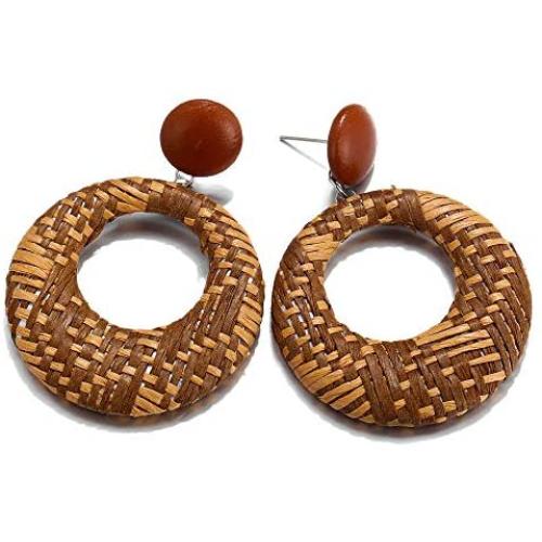 KaFu Woven Rattan Earrings Handmade Wicker Earrings Straw Knit Hoop Lightweight Bohemian Dangle Hoop Earrings Drop Dangle Geometric Statement Earrings for Women Girls (brown)