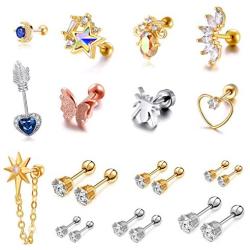 21Pcs 16G Silver/Gold Cartilage Earrings for Women/Men//Boys/Girls - Tragus Jewelry Set with Cubic Zirconia and Surgical Steel
