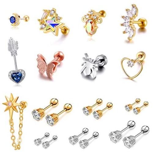 21Pcs 16G Silver/Gold Cartilage Earrings for Women/Men//Boys/Girls - Tragus Jewelry Set with Cubic Zirconia and Surgical Steel