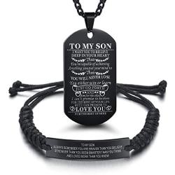 Set of 2 Gift to Son from Mom and Dad You Will Never Lose Customized Dog Tag Necklace with Adjustable Bracelet Braided for Graduation Birthday Valentines Gifts(Stainless Steel, Black)