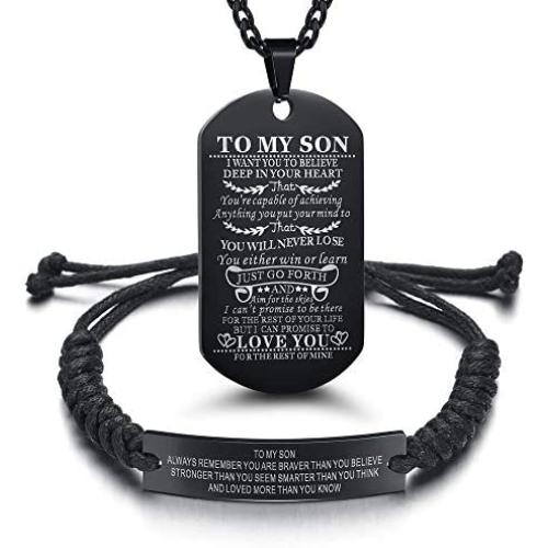 Set of 2 Gift to Son from Mom and Dad You Will Never Lose Customized Dog Tag Necklace with Adjustable Bracelet Braided for Graduation Birthday Valentines Gifts(Stainless Steel, Black)