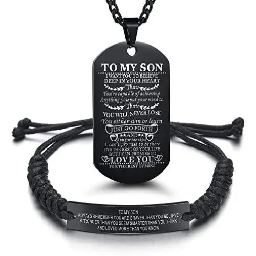 Set of 2 Gift to Son from Mom and Dad You Will Never Lose Customized Dog Tag Necklace with Adjustable Bracelet Braided for Graduation Birthday Valentines Gifts(Stainless Steel, Black) Set of 2 Gift to Son from Mom and Dad You Will Never Lose Customized Dog Tag Necklace with Adjustable Bracelet Braided for Graduation Birthday Valentines Gifts(Stainless Steel, Black)