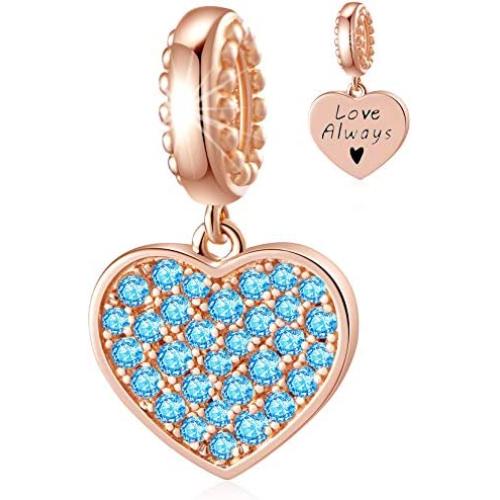 CHAWIN Birthstone Charms Rose Gold Plated 925 Sterling Silver Heart Dangle Charm with Sparkling CZ Compatible with Pandora Charm Bracelet Necklace Happy Birthday Gifts for Women/Wife/Mother/Sister