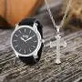 Steve Madden Rhodium Plated and Black Band Watch with Cross Pendant Necklace Jewelry Set For Men