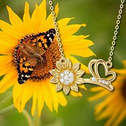 YDD 14K Gold Pendant Necklace Butterfly Necklace Sunflower Necklace Sunflower Charm, Flower Necklace,Sunshine Jewelry Gift for Women Girls