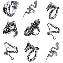 FUTIMELY 9Pieces Vintage Punk Rings Set for Women Men Silver Black Gothic Dragon Snake Claw Octopus Rings Open Stackable Ring Set Jewelry