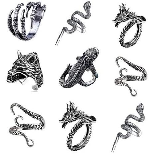 FUTIMELY 9Pieces Vintage Punk Rings Set for Women Men Silver Black Gothic Dragon Snake Claw Octopus Rings Open Stackable Ring Set Jewelry
