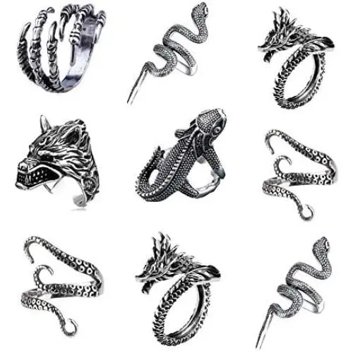 FUTIMELY 9Pieces Vintage Punk Rings Set for Women Men Silver Black Gothic Dragon Snake Claw Octopus Rings Open Stackable Ring Set Jewelry FUTIMELY 9Pieces Vintage Punk Rings Set for Women Men Silver Black Gothic Dragon Snake Claw Octopus Rings Open Stackable Ring Set Jewelry