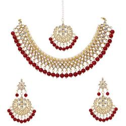 SANARA Jewellery Indian Bollywood Ethnic Gold Plated Traditional Ethnic Red Bridal Choker Necklace Set with Earrings for Women