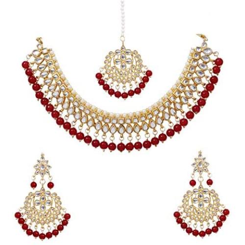 SANARA Jewellery Indian Bollywood Ethnic Gold Plated Traditional Ethnic Red Bridal Choker Necklace Set with Earrings for Women