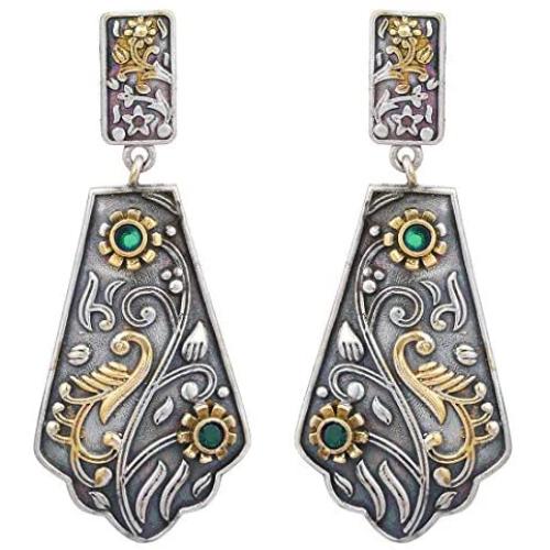 Aheli Indian Traditional Bollywood Hand Made Designer Silver Oxidised Dangler Earrings In Original Dual Tone Plating For Women Girls