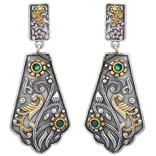 Aheli Indian Traditional Bollywood Hand Made Designer Silver Oxidised Dangler Earrings In Original Dual Tone Plating For Women Girls