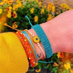 Braided Sunflower Boho String Woven Strand Bracelets Set for Women Teen Girls Adjustable Wrap Rope Charm Wave Jewelry Friendship Waterproof Gift Sunflower 5 Pcs