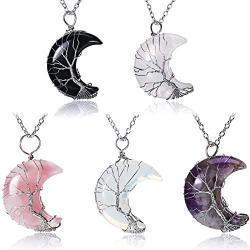 Hicarer 5 Pieces Tree Life Crescent Moon Necklace Copper Wire Wrap Natural Gemstones Healing Crystal Pendant Necklace Natural Gemstone Quartz Jewelry for Women Girls