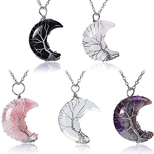 Hicarer 5 Pieces Tree Life Crescent Moon Necklace Copper Wire Wrap Natural Gemstones Healing Crystal Pendant Necklace Natural Gemstone Quartz Jewelry for Women Girls