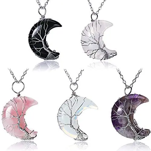 Hicarer 5 Pieces Tree Life Crescent Moon Necklace Copper Wire Wrap Natural Gemstones Healing Crystal Pendant Necklace Natural Gemstone Quartz Jewelry for Women Girls Hicarer 5 Pieces Tree Life Crescent Moon Necklace Copper Wire Wrap Natural Gemstones Healing Crystal Pendant Necklace Natural Gemstone Quartz Jewelry for Women Girls