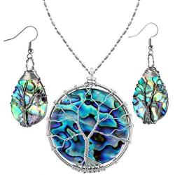 SUNYIK Natural Abalone Shell Tree of Life Pendant Necklace and Earrings Jewelry Set for Women, Handmade Wire Wrapped Necklace Earrings Set for Women