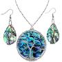SUNYIK Natural Abalone Shell Tree of Life Pendant Necklace and Earrings Jewelry Set for Women, Handmade Wire Wrapped Necklace Earrings Set for Women