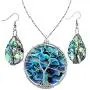 SUNYIK Natural Abalone Shell Tree of Life Pendant Necklace and Earrings Jewelry Set for Women, Handmade Wire Wrapped Necklace Earrings Set for Women