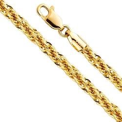 14k REAL Yellow Gold Hollow Mens 4mm Fancy Rope Chain Necklace with Lobster Claw Clasp