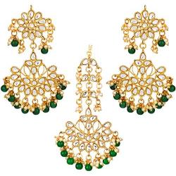 Aheli Traditional Faux Kundan Beaded Maang Tikka Earrings Set Bollywood Ethnic Fashion Jewelry for Women