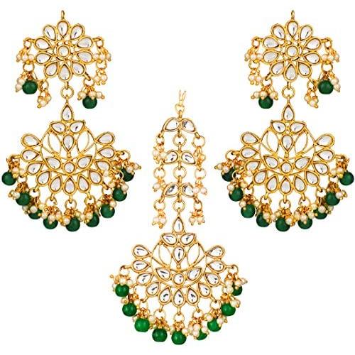 Aheli Traditional Faux Kundan Beaded Maang Tikka Earrings Set Bollywood Ethnic Fashion Jewelry for Women