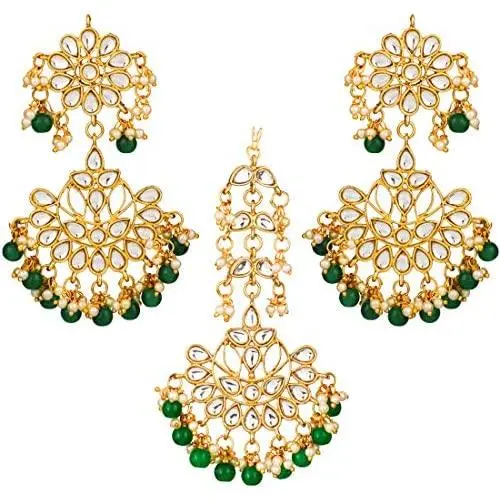 Aheli Traditional Faux Kundan Beaded Maang Tikka Earrings Set Bollywood Ethnic Fashion Jewelry for Women Aheli Traditional Faux Kundan Beaded Maang Tikka Earrings Set Bollywood Ethnic Fashion Jewelry for Women