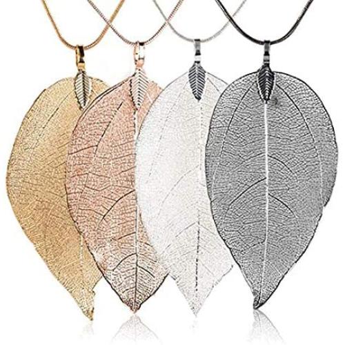 HUNO Real Filigree Leaf Necklace Natural Leaves Long Pendant Fashion Jewelry