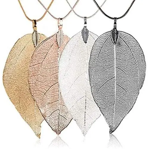 HUNO Real Filigree Leaf Necklace Natural Leaves Long Pendant Fashion Jewelry HUNO Real Filigree Leaf Necklace Natural Leaves Long Pendant Fashion Jewelry