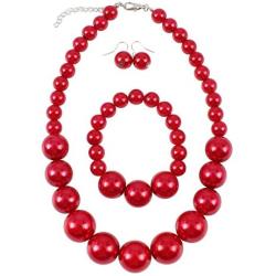 Shineland Simple Large Big Simulated Pearl Statement Necklace Bracelet and Earrings Jewelry Set (Red)