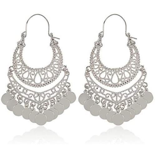 RIAH FASHION Bohemian Chandelier Coin Dangle Earrings - Gypsy Lightweight Filigree Disc Charm Tassel Ethnic Hoops