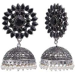 Efulgenz Boho Vintage Antique Ethnic Gypsy Tribal Indian Oxidized Silver Pearl Drop Floral Jhumka Dangle Earrings Jewelry