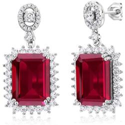 Gem Stone King 925 Sterling Silver Emerald Cut Red Created Ruby Earrings For Women (16.60 Cttw Emerald Cut 14X10MM)