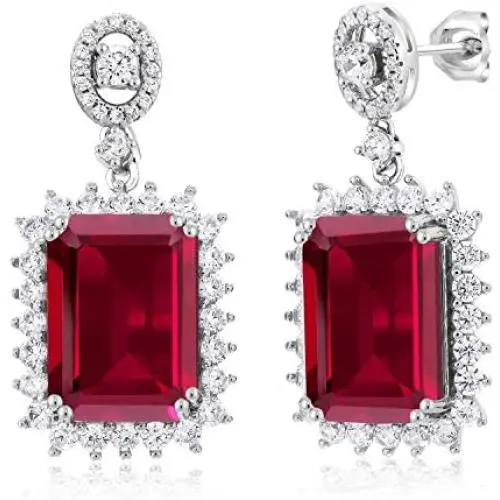 Gem Stone King 925 Sterling Silver Emerald Cut Red Created Ruby Earrings For Women (16.60 Cttw Emerald Cut 14X10MM)