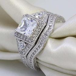 wedding ring set Two Rings His Hers Couples Matching Rings Womens 2pc White Gold Filled Square CZ Wedding Engagement Ring Bridal Sets & Mens Titanium Wedding Band