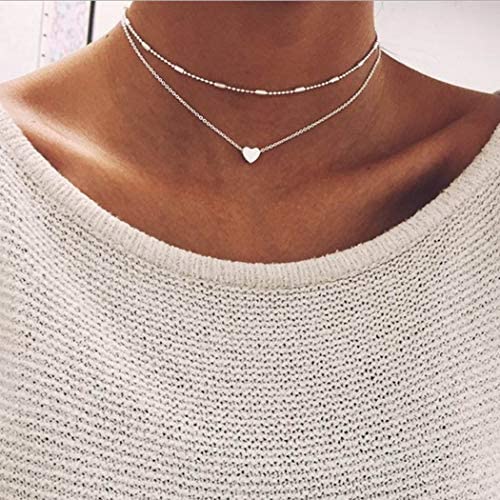 Bmirth Boho Layered Choker Necklace Heart Pendant Necklaces Simple Beads Short Necklace Chain Jewelry for Women and Girls (Silver)
