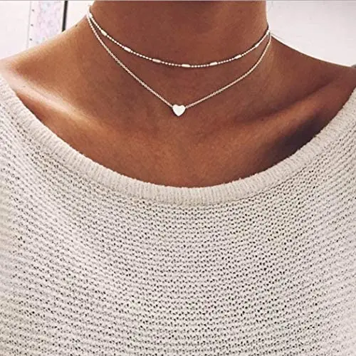 Bmirth Boho Layered Choker Necklace Heart Pendant Necklaces Simple Beads Short Necklace Chain Jewelry for Women and Girls (Silver) Bmirth Boho Layered Choker Necklace Heart Pendant Necklaces Simple Beads Short Necklace Chain Jewelry for Women and Girls (Silver)
