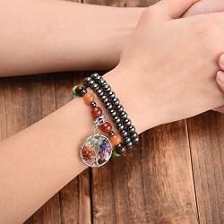 Top Plaza 7 Chakra Reiki Healing Crystals Gemstone Black Metal Hematite Magnetic Beads Therapy Necklace Bracelet with Tree of Life Pendant