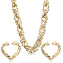 Hanpabum Gold Plated Chunky Rope Chain Necklace and Large Hollow Casting Bamboo Hoop Earrings Set for Men Women Costume Jewelry Punk Hip Hop Rapper Style