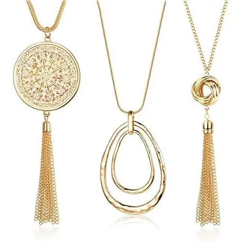 FUNRUN JEWELRY 3PCS Long Pendant Necklace for Women Circle Knot Tassel Necklace Sweater Chain Statement Necklace Set