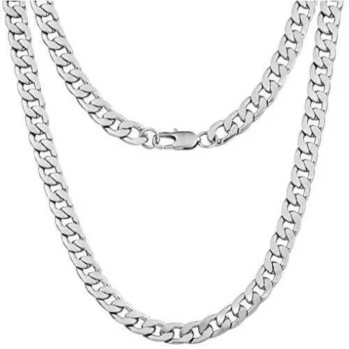 Silvadore 9mm Curb Mens Necklace - Silver Chain Flat Cuban Stainless Steel Jewelry - Neck Link Chains for Men Man Boys Male Heavy Military - 18 20 22 24 inch