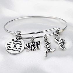 Runner Bracelet Marathon Running Gift Believe in Yourself and You Will be Unstoppable Runner Inspirational Jewelry (silver)