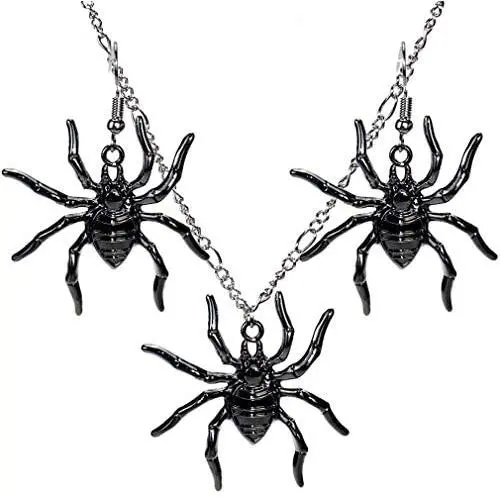 yiwushidaili Vintage Gothic Spider Earrings Necklace Set Punk Style Black Spider Insect Animal Chain Pendant Necklace Dangle Earrings Halloween Party Spider Jewelry for Men Women