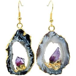 SUNYIK Natural Gemstone Quartz Geode Drusy Crystal Dangle Earrings for Women
