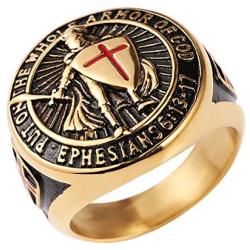 HZMA Knights Templar Put On The Whole Armor of God Ephesians 6:13-17 Red Cross Design Mens Stainless Steel Ring