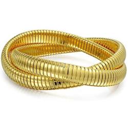 Bling Jewelry Fashion Omega Cobra Wide Bangle 2 Interlocking Stretch Bracelet for Women Polished Gold Plated Stainless Steel
