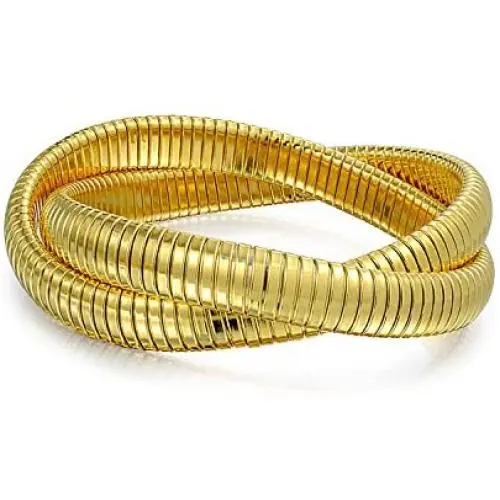 Bling Jewelry Fashion Omega Cobra Wide Bangle 2 Interlocking Stretch Bracelet for Women Polished Gold Plated Stainless Steel